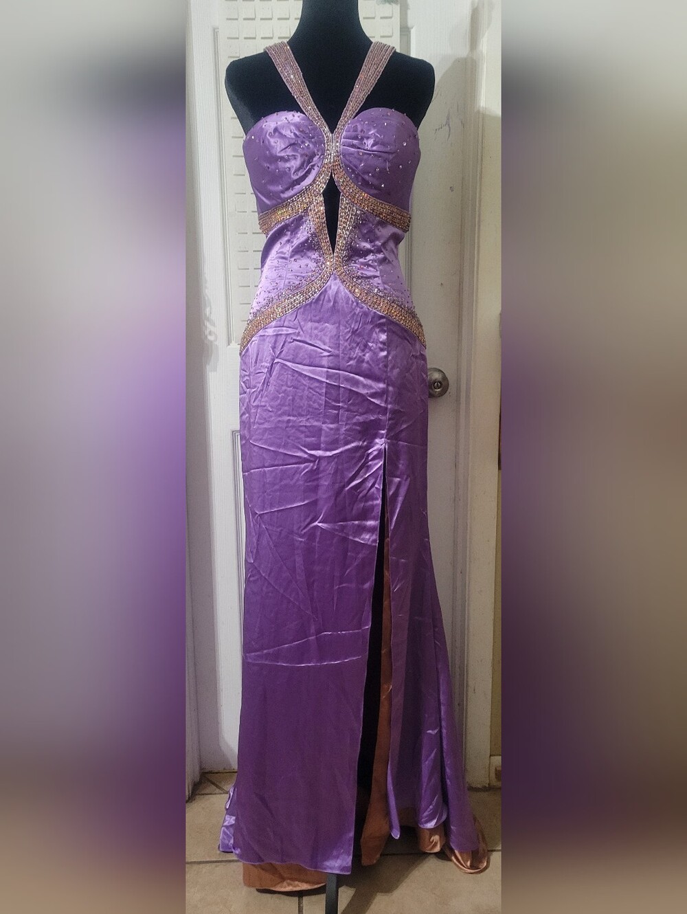 Partytime Violet And Coffee Beaded Satin Evening/ Prom/ Pagent Gown Size 8